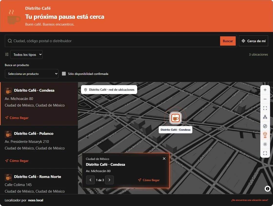 Distrito Café con encabezado naranja, tarjetas oscuras y mapa en grises