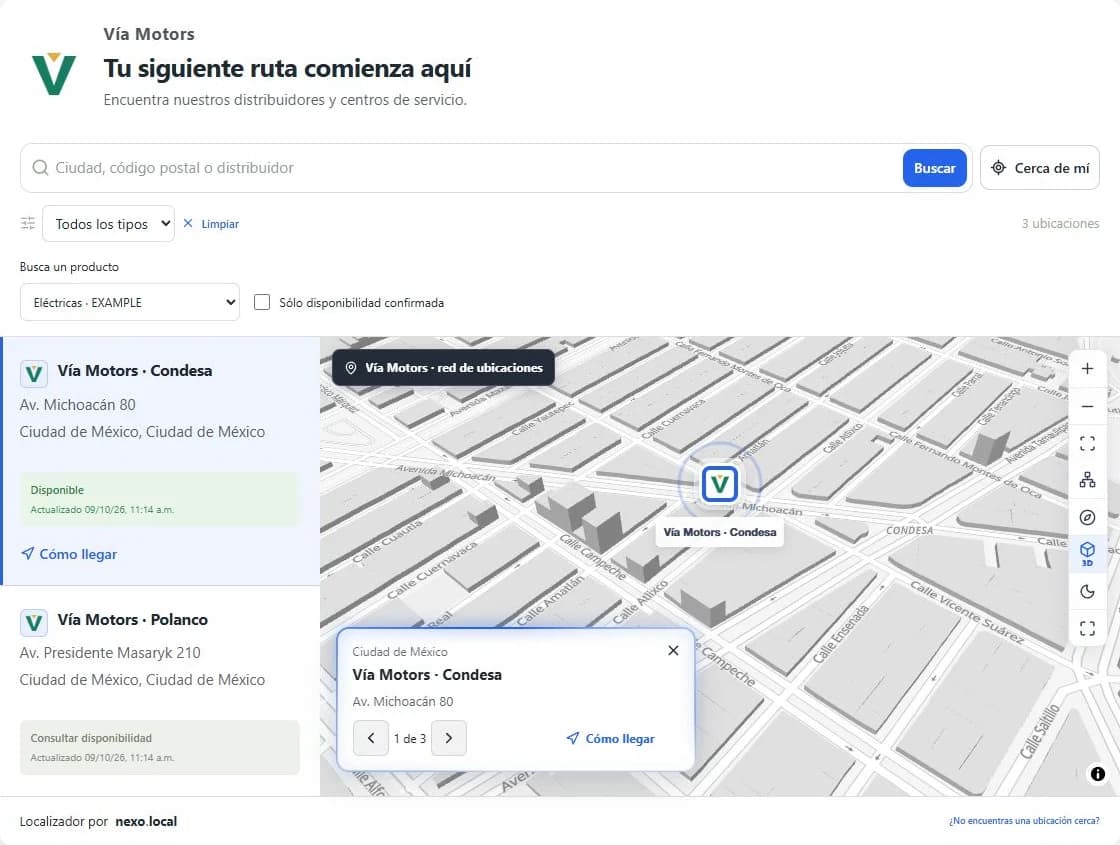 Localizador Vía Motors con cartografía real en 3D, sucursales y disponibilidad de eléctricas